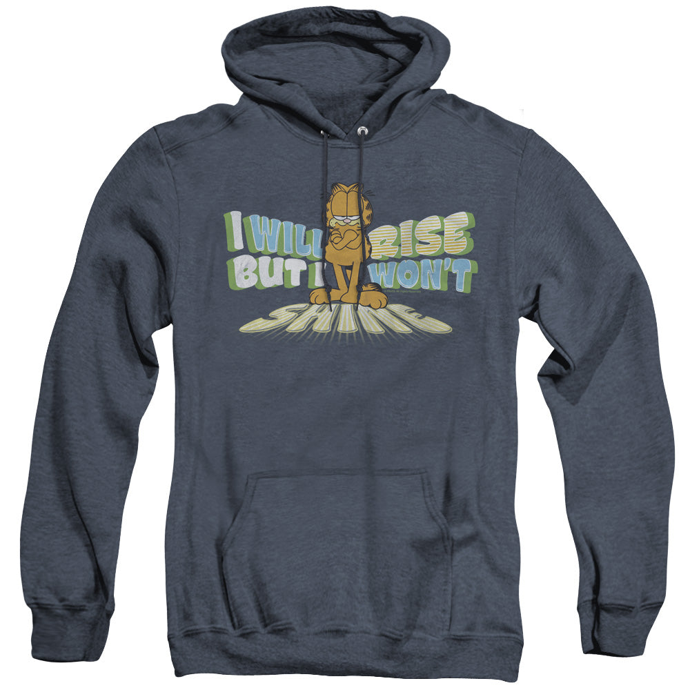 AN OFFCIALLY LICENSED GARFIELD RISE NOT SHINE ADULT UNISEX HEATHER PULLOVER HOODIE NAVY