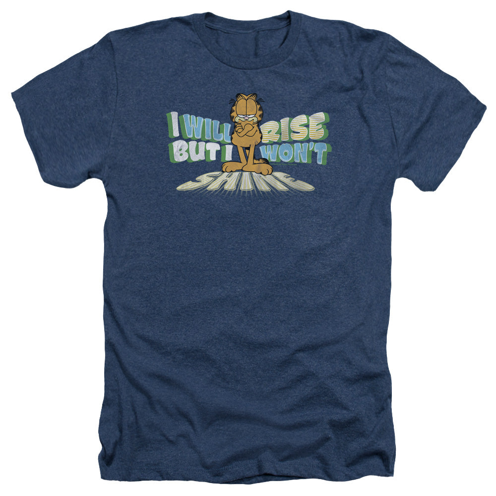 AN OFFCIALLY LICENSED GARFIELD RISE NOT SHINE MEN'S HEATHER T-SHIRT NAVY