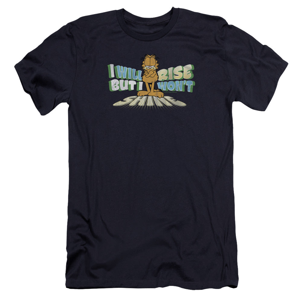 AN OFFCIALLY LICENSED GARFIELD RISE NOT SHINE MEN'S PREMIUM SLIM FIT T-SHIRT NAVY