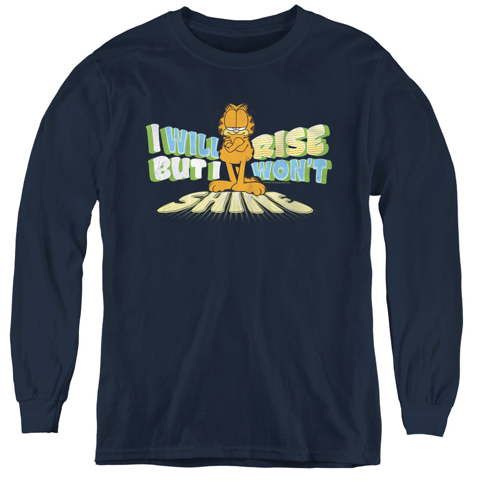 AN OFFCIALLY LICENSED GARFIELD RISE NOT SHINE YOUTH LONG SLEEVE T-SHIRT NAVY