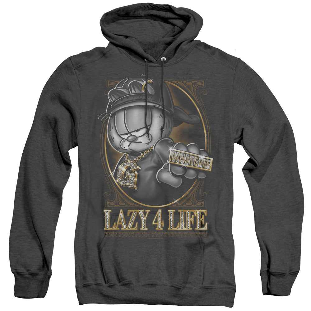 AN OFFCIALLY LICENSED GARFIELD LAZY 4 LIFE ADULT UNISEX HEATHER PULLOVER HOODIE BLACK