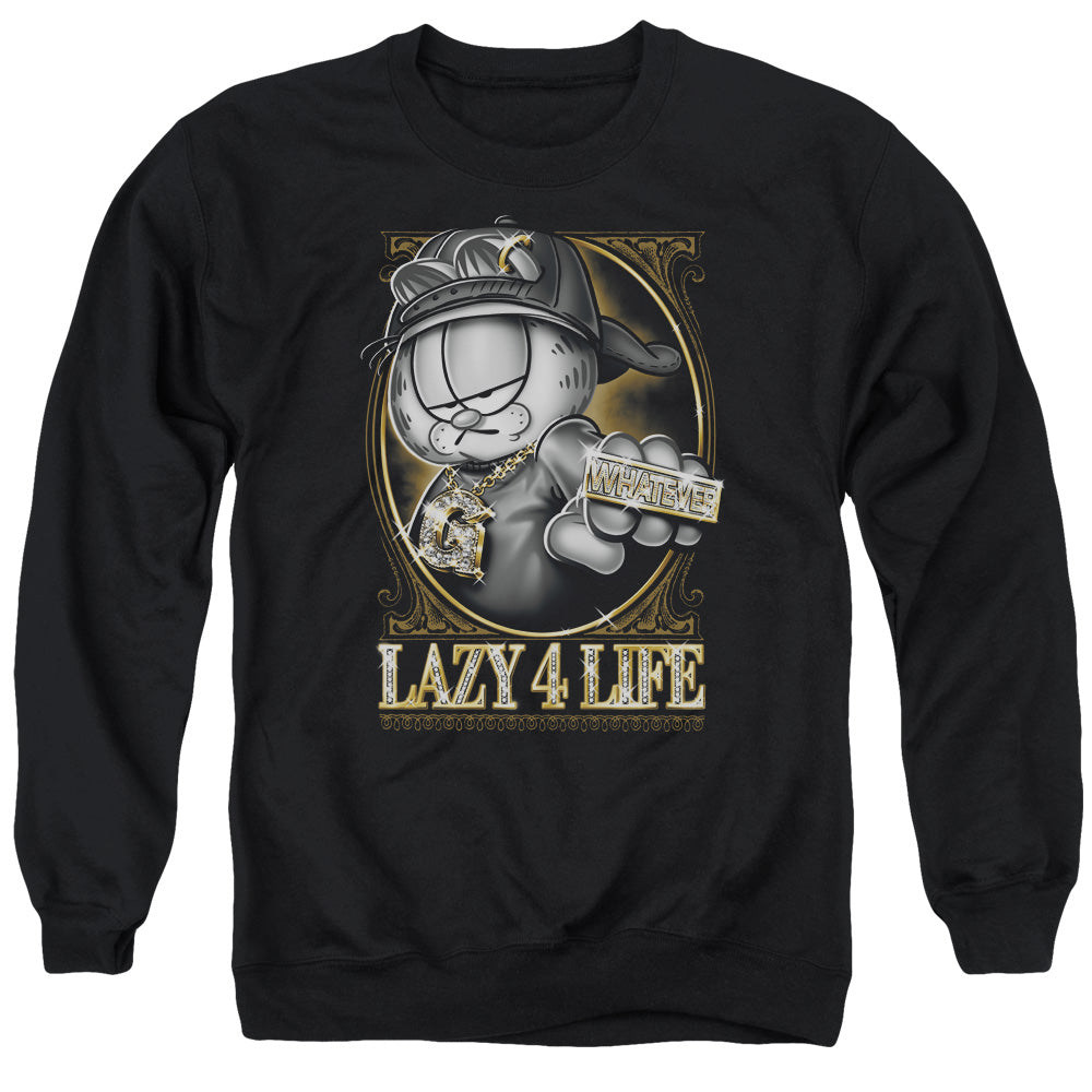 AN OFFCIALLY LICENSED GARFIELD LAZY 4 LIFE ADULT UNISEX CREWNECK SWEATSHIRT BLACK