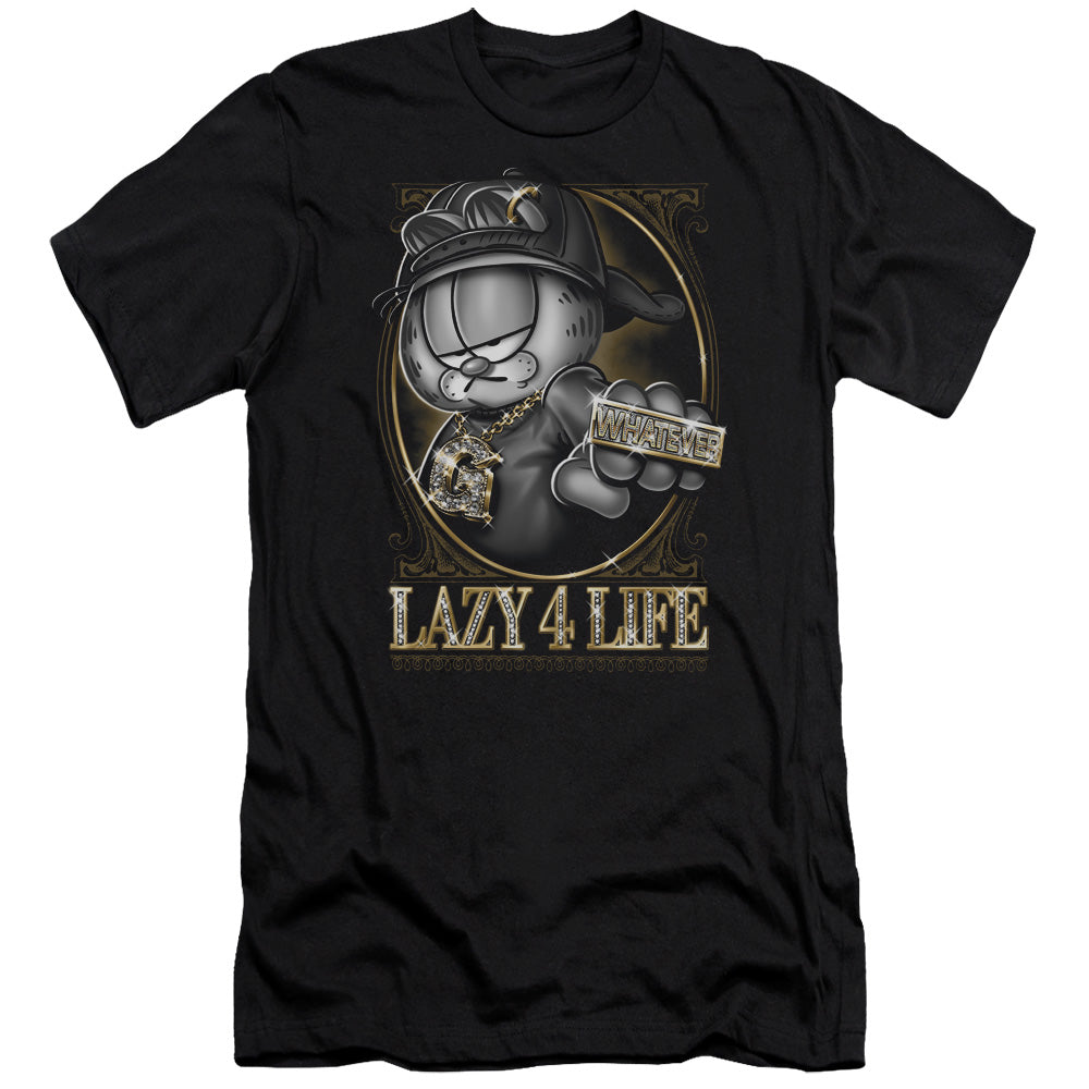 AN OFFCIALLY LICENSED GARFIELD LAZY 4 LIFE MEN'S PREMIUM SLIM FIT T-SHIRT BLACK