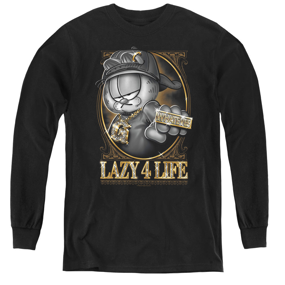 AN OFFCIALLY LICENSED GARFIELD LAZY 4 LIFE YOUTH LONG SLEEVE T-SHIRT BLACK
