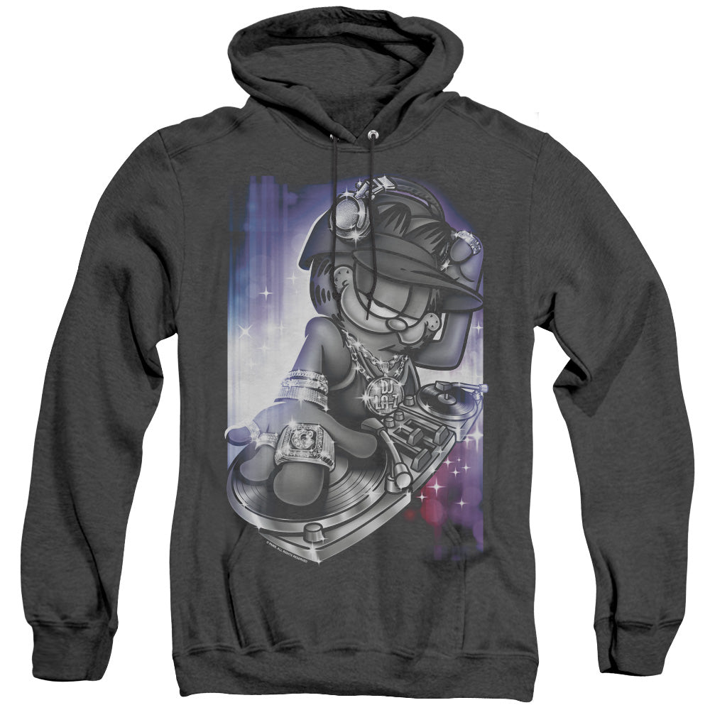 AN OFFCIALLY LICENSED GARFIELD DJ LAZY ADULT UNISEX HEATHER PULLOVER HOODIE BLACK