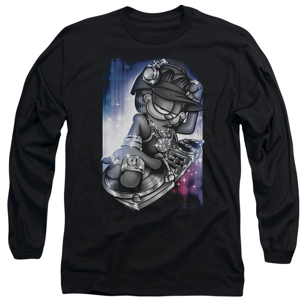 AN OFFCIALLY LICENSED GARFIELD DJ LAZY MEN'S LONG SLEEVE T-SHIRT BLACK