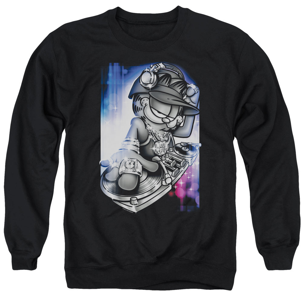 AN OFFCIALLY LICENSED GARFIELD DJ LAZY ADULT UNISEX CREWNECK SWEATSHIRT BLACK