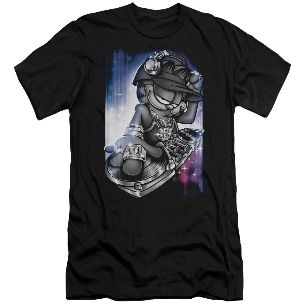 AN OFFCIALLY LICENSED GARFIELD DJ LAZY MEN'S PREMIUM SLIM FIT T-SHIRT BLACK
