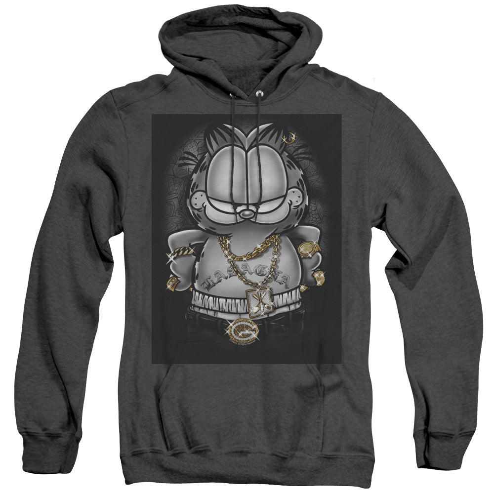 AN OFFCIALLY LICENSED GARFIELD LASAGNA FOR LIFE ADULT UNISEX HEATHER PULLOVER HOODIE BLACK
