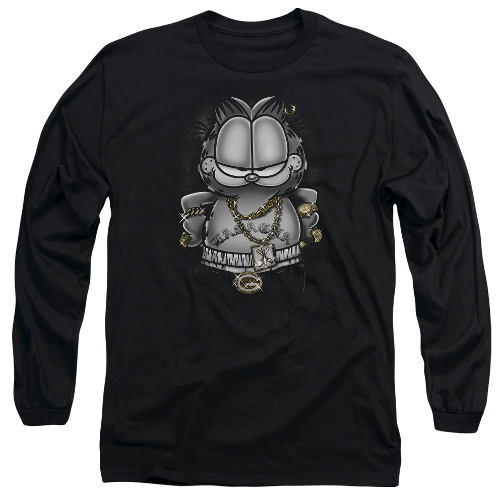AN OFFCIALLY LICENSED GARFIELD LASAGNA FOR LIFE MEN'S LONG SLEEVE T-SHIRT BLACK