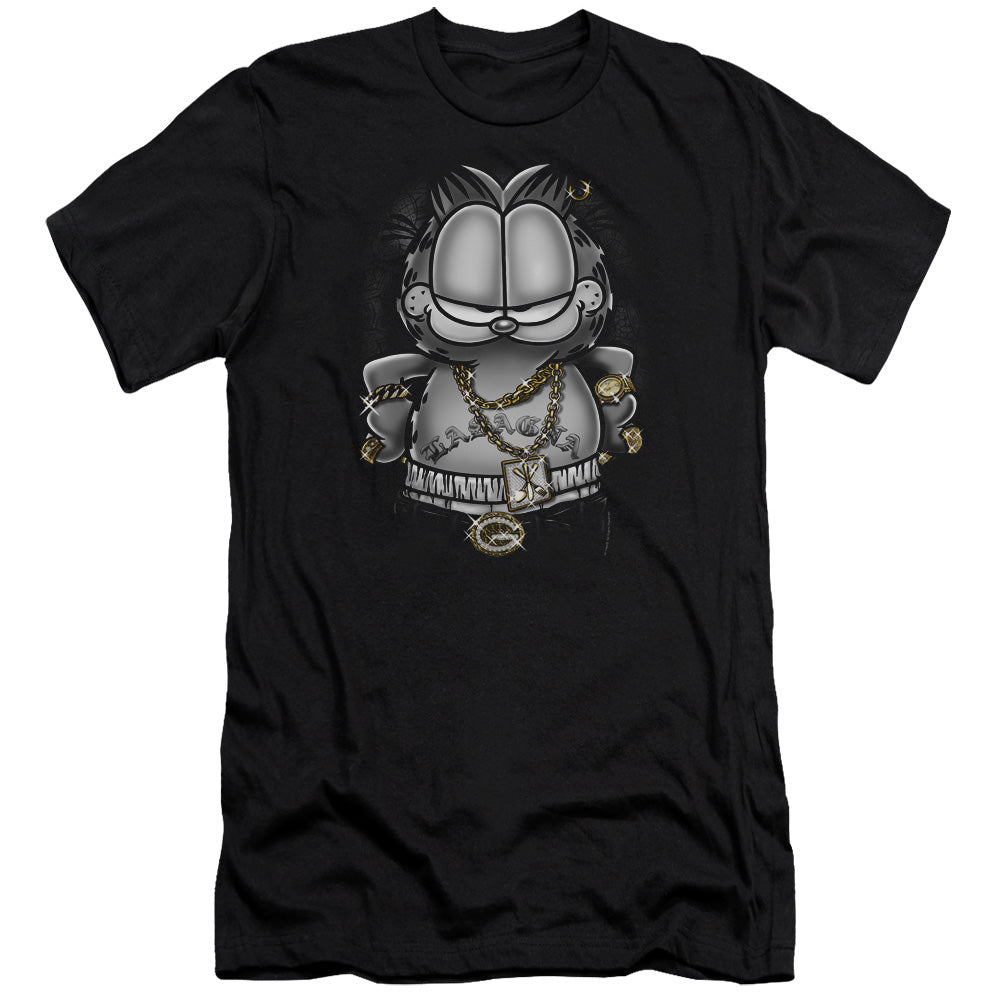 AN OFFCIALLY LICENSED GARFIELD LASAGNA FOR LIFE MEN'S PREMIUM SLIM FIT T-SHIRT BLACK