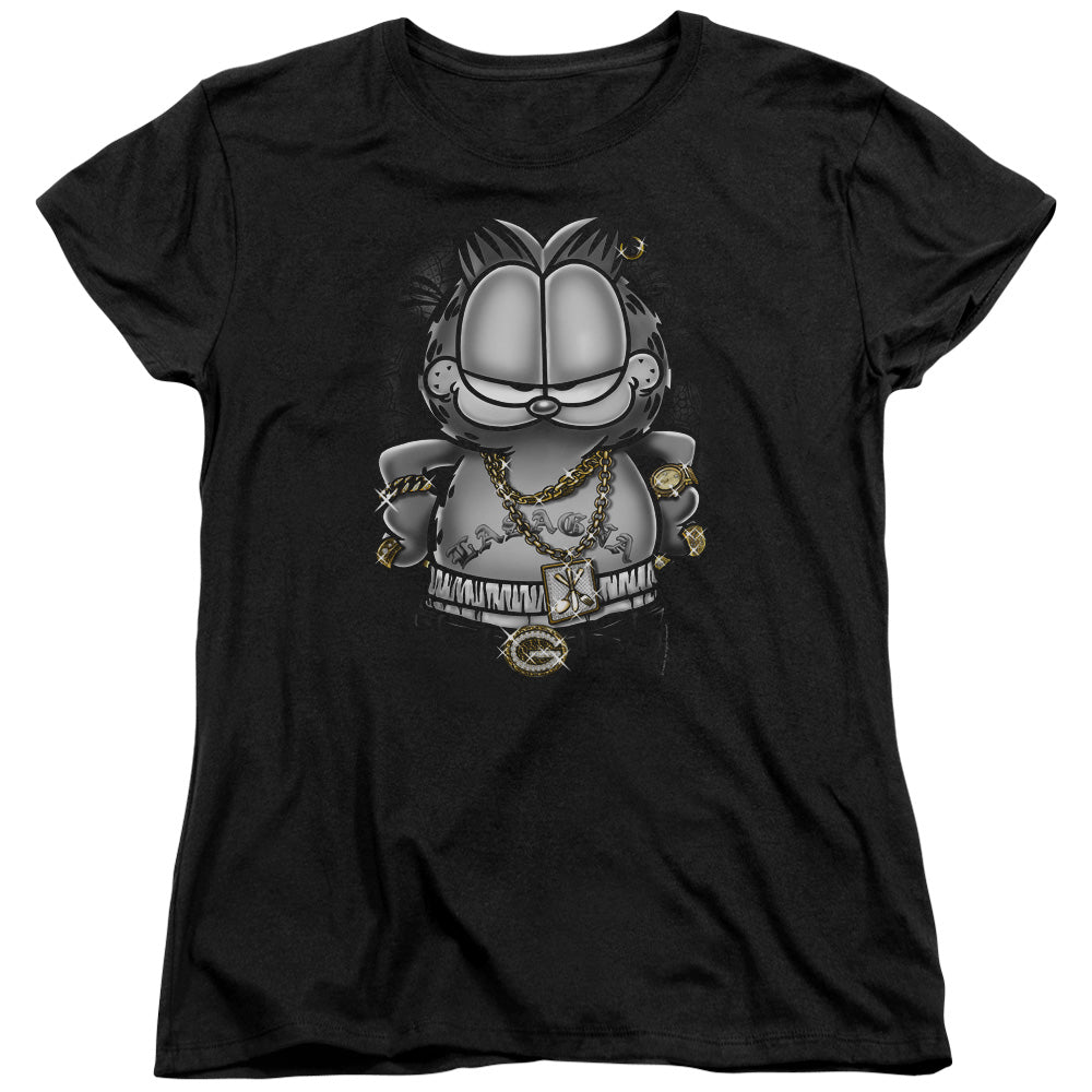 AN OFFCIALLY LICENSED GARFIELD LASAGNA FOR LIFE WOMEN'S REGULAR FIT T-SHIRT BLACK
