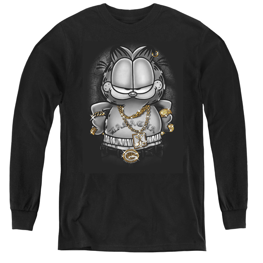 AN OFFCIALLY LICENSED GARFIELD LASAGNA FOR LIFE YOUTH LONG SLEEVE T-SHIRT BLACK