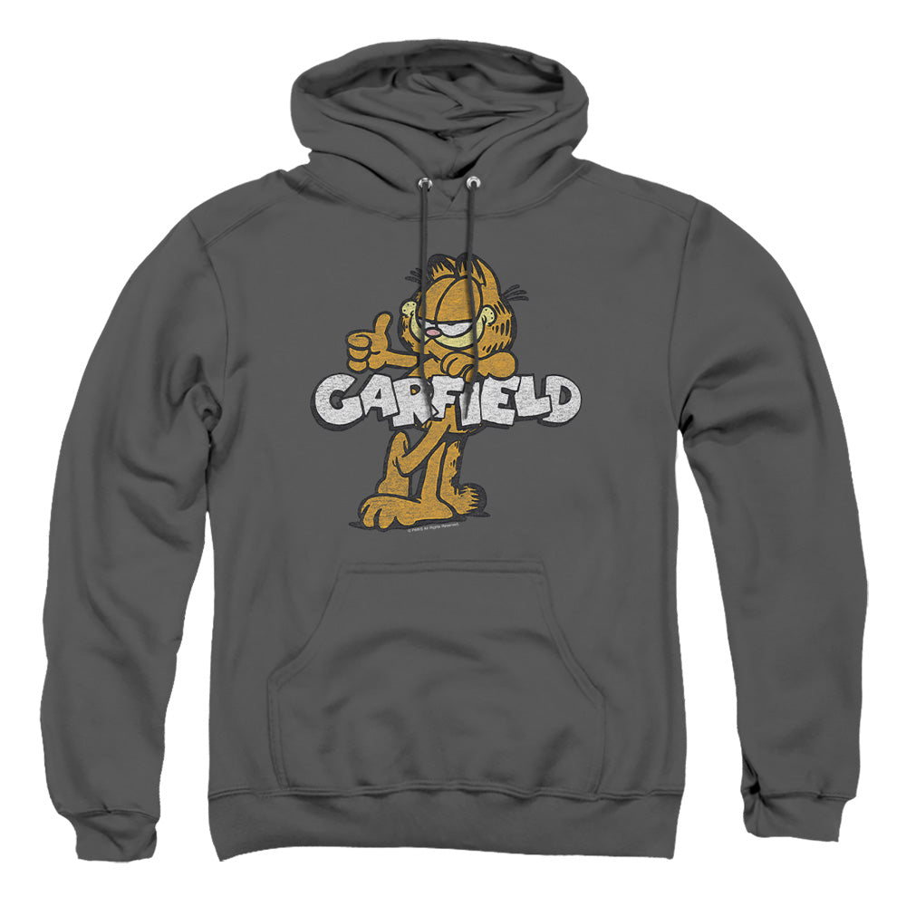 AN OFFCIALLY LICENSED GARFIELD RETRO GARF ADULT UNISEX PULLOVER HOODIE CHARCOAL