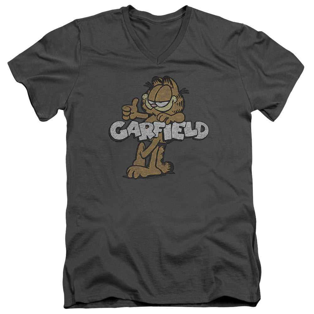 AN OFFCIALLY LICENSED GARFIELD RETRO GARF MEN'S V-NECK T-SHIRT CHARCOAL
