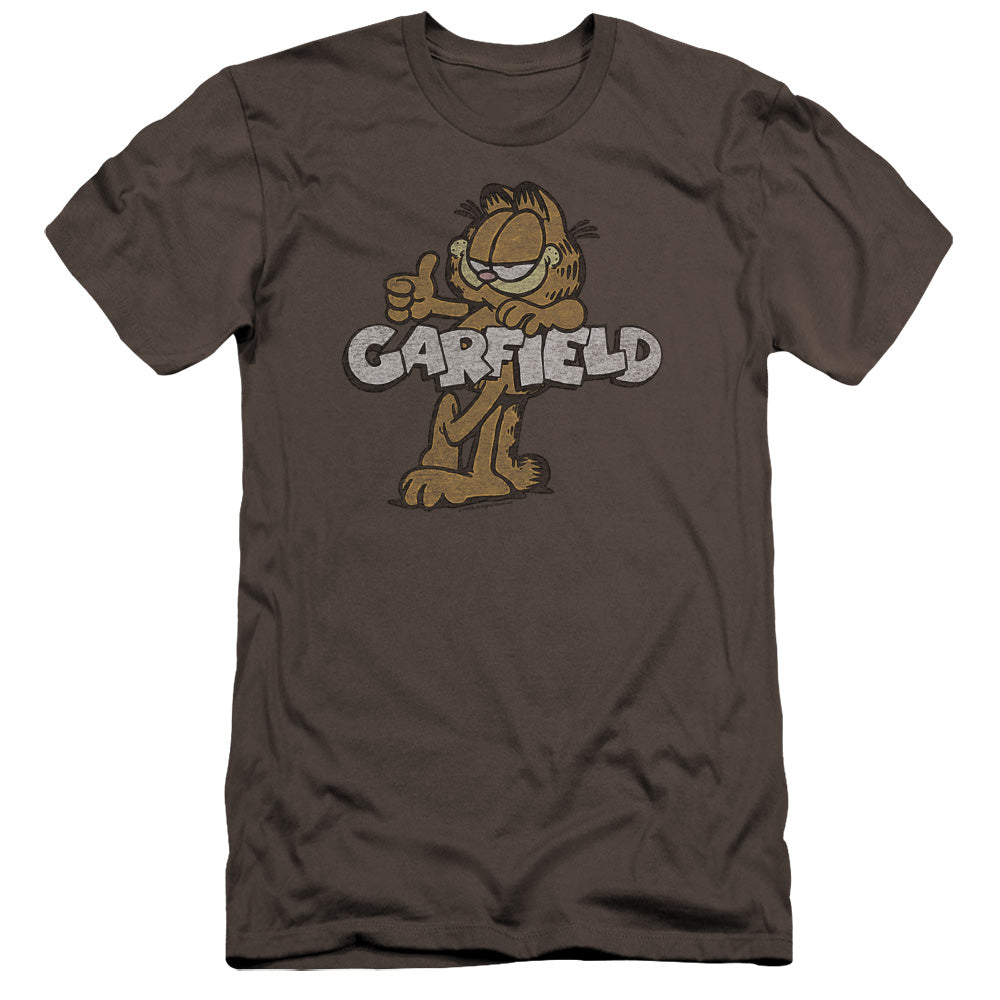 AN OFFCIALLY LICENSED GARFIELD RETRO GARF MEN'S PREMIUM SLIM FIT T-SHIRT CHARCOAL