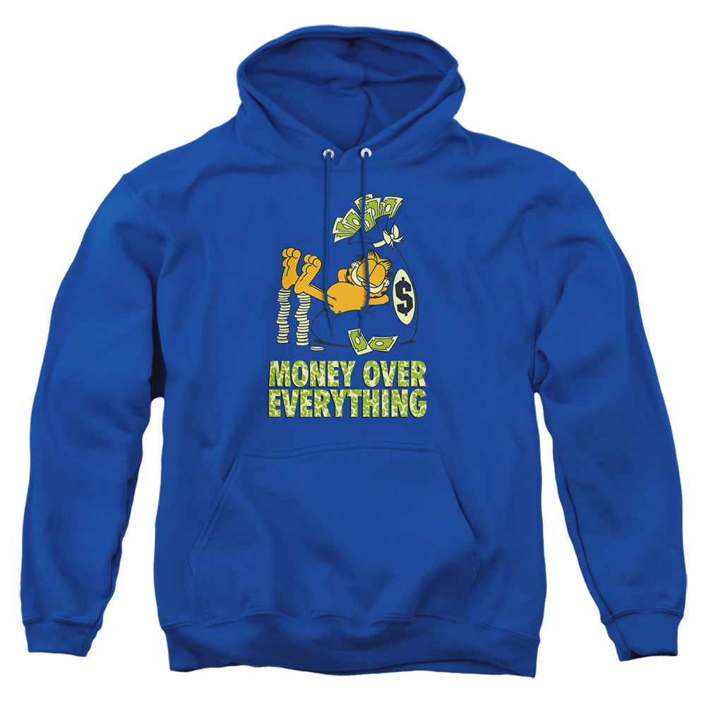AN OFFCIALLY LICENSED GARFIELD MONEY IS EVERYTHING ADULT UNISEX PULLOVER HOODIE ROYAL