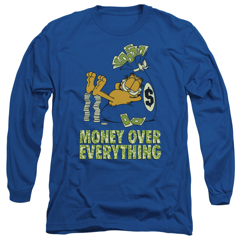 AN OFFCIALLY LICENSED GARFIELD MONEY IS EVERYTHING MEN'S LONG SLEEVE T-SHIRT ROYAL