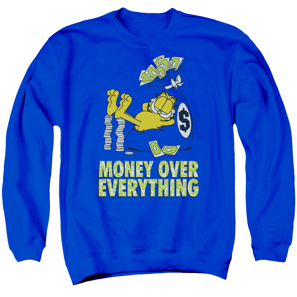 AN OFFCIALLY LICENSED GARFIELD MONEY IS EVERYTHING ADULT UNISEX CREWNECK SWEATSHIRT ROYAL
