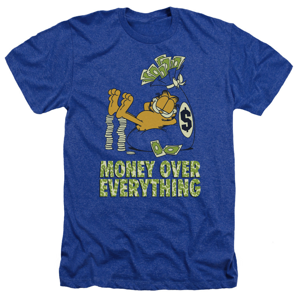 AN OFFCIALLY LICENSED GARFIELD MONEY IS EVERYTHING MEN'S HEATHER T-SHIRT ROYAL