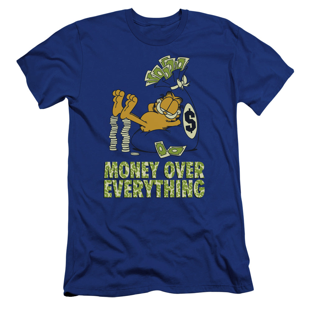 AN OFFCIALLY LICENSED GARFIELD MONEY IS EVERYTHING MEN'S PREMIUM SLIM FIT T-SHIRT ROYAL