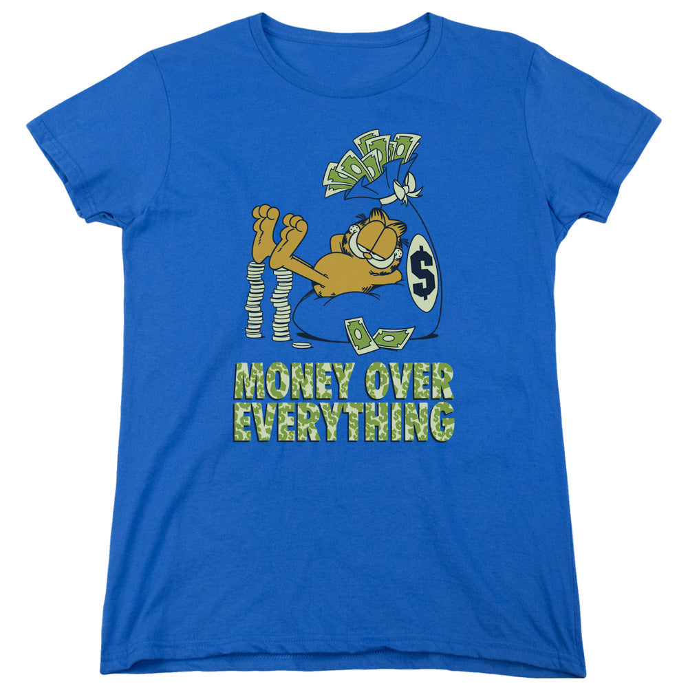AN OFFCIALLY LICENSED GARFIELD MONEY IS EVERYTHING WOMEN'S REGULAR FIT T-SHIRT ROYAL