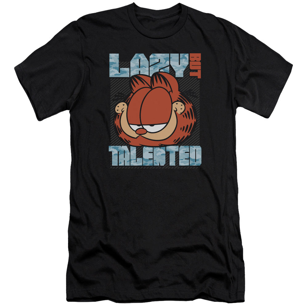 AN OFFCIALLY LICENSED GARFIELD LAZY BUT TALENTED MEN'S PREMIUM SLIM FIT T-SHIRT BLACK