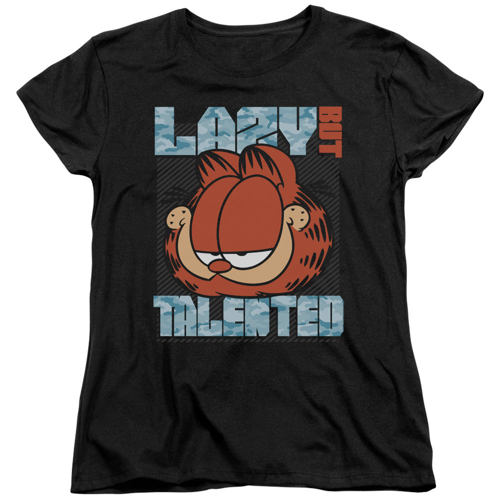 AN OFFCIALLY LICENSED GARFIELD LAZY BUT TALENTED WOMEN'S REGULAR FIT T-SHIRT BLACK