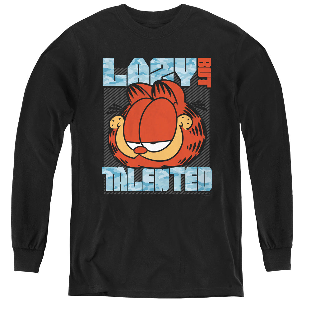 AN OFFCIALLY LICENSED GARFIELD LAZY BUT TALENTED YOUTH LONG SLEEVE T-SHIRT BLACK