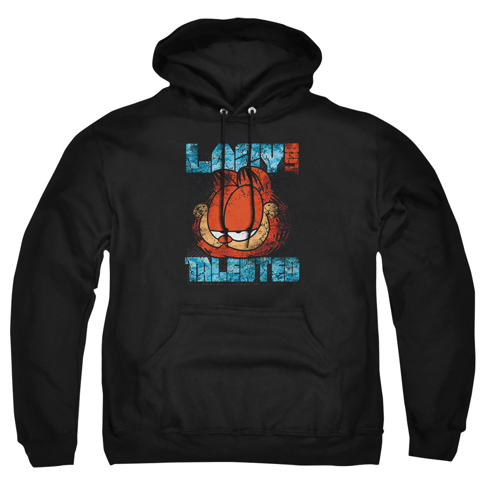 AN OFFCIALLY LICENSED GARFIELD LAZY BUT TALENTED DISTRESSED ADULT UNISEX PULLOVER HOODIE BLACK