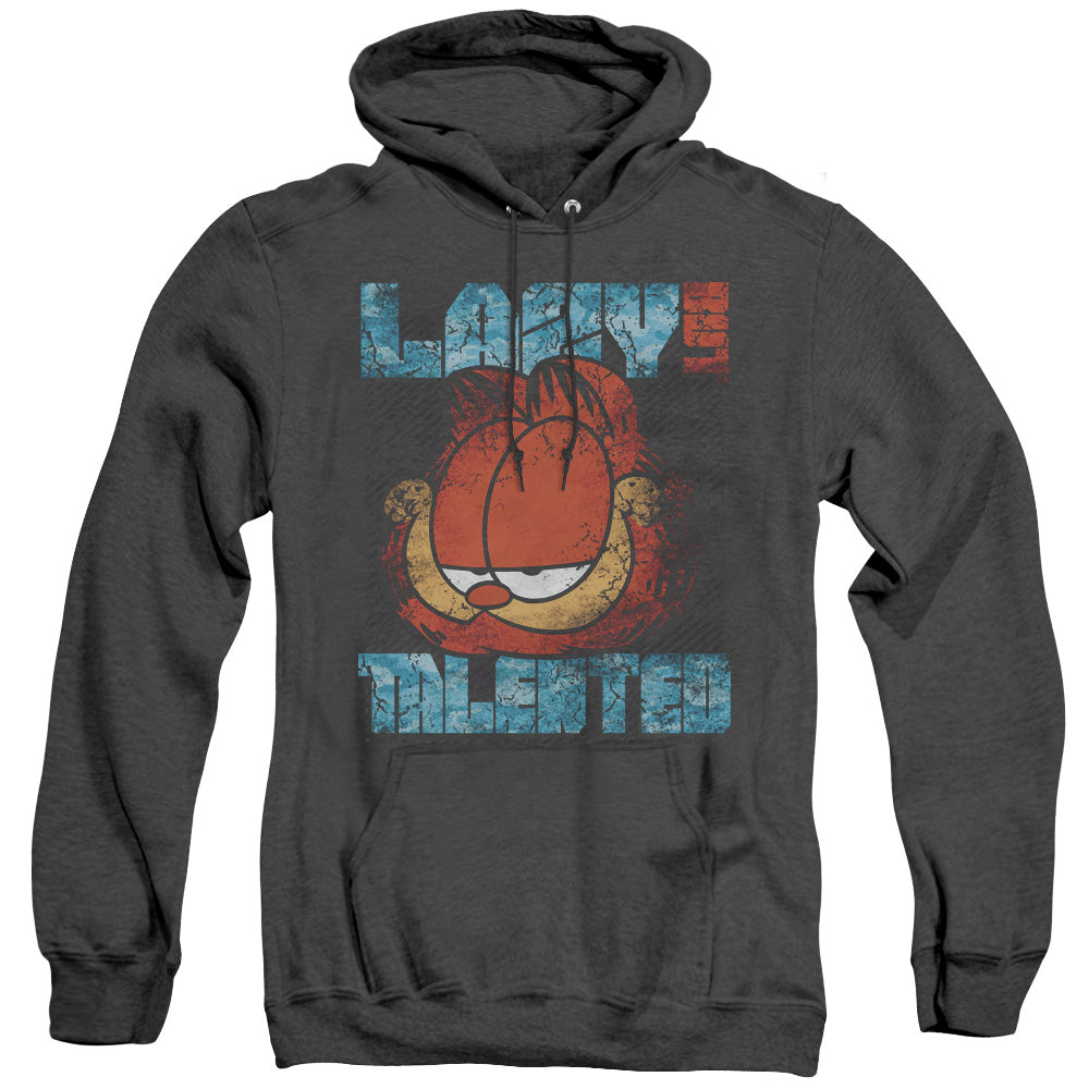 AN OFFCIALLY LICENSED GARFIELD LAZY BUT TALENTED DISTRESSED ADULT UNISEX HEATHER PULLOVER HOODIE BLACK