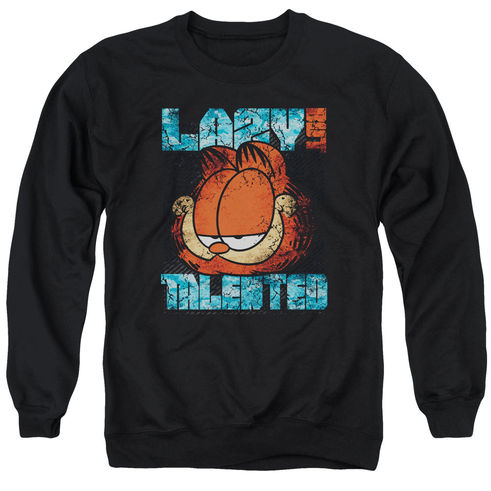 AN OFFCIALLY LICENSED GARFIELD LAZY BUT TALENTED DISTRESSED ADULT UNISEX CREWNECK SWEATSHIRT BLACK