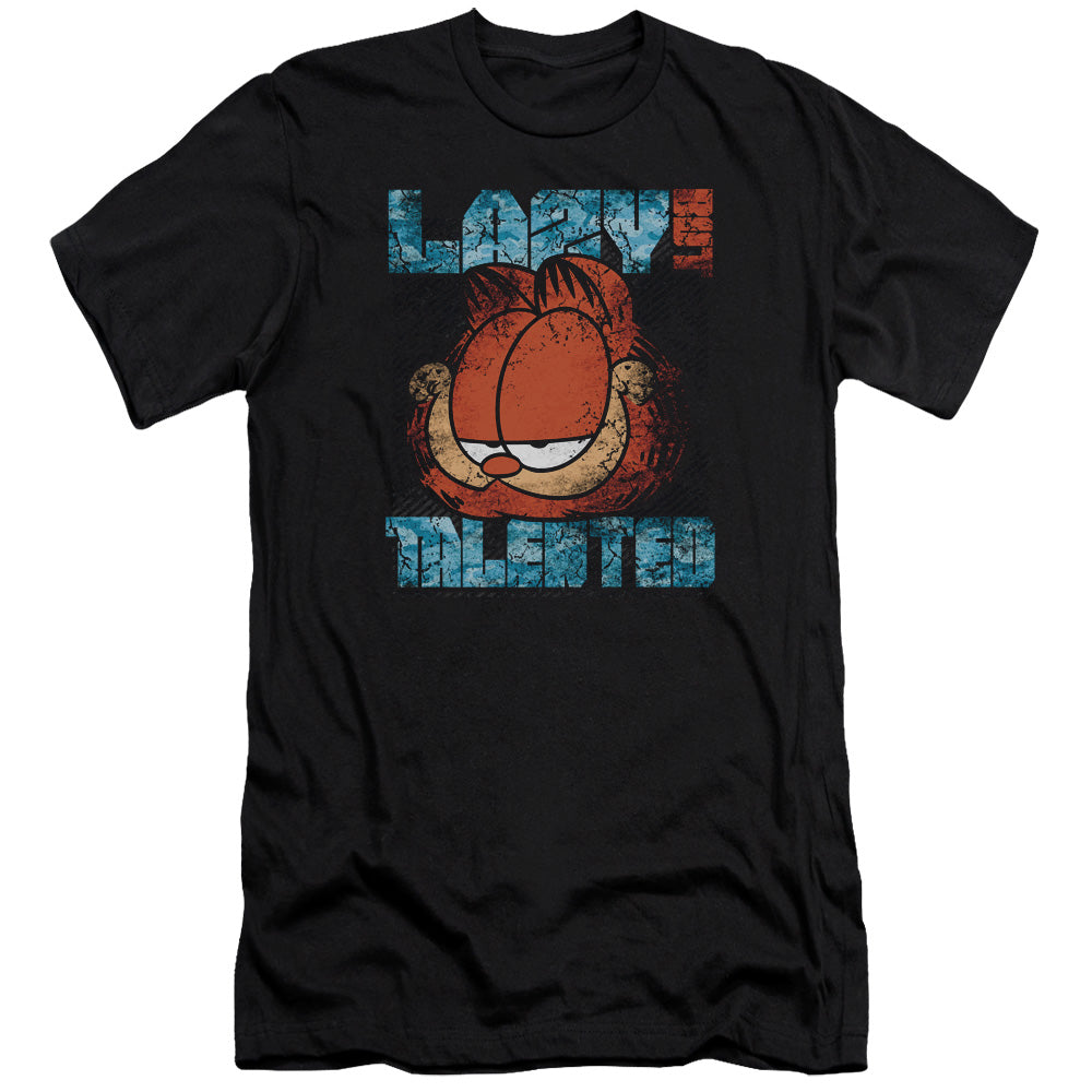 AN OFFCIALLY LICENSED GARFIELD LAZY BUT TALENTED DISTRESSED MEN'S PREMIUM SLIM FIT T-SHIRT BLACK
