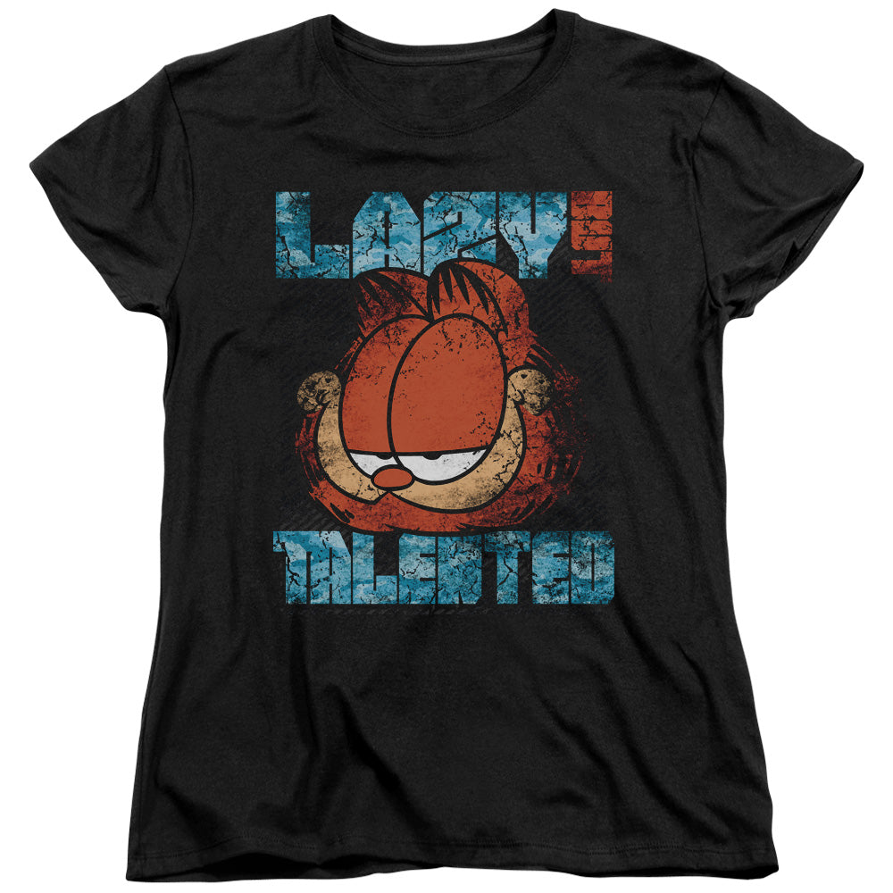 AN OFFCIALLY LICENSED GARFIELD LAZY BUT TALENTED DISTRESSED WOMEN'S REGULAR FIT T-SHIRT BLACK