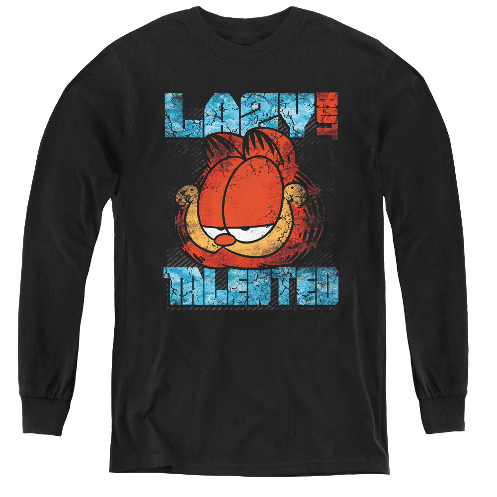 AN OFFCIALLY LICENSED GARFIELD LAZY BUT TALENTED DISTRESSED YOUTH LONG SLEEVE T-SHIRT BLACK