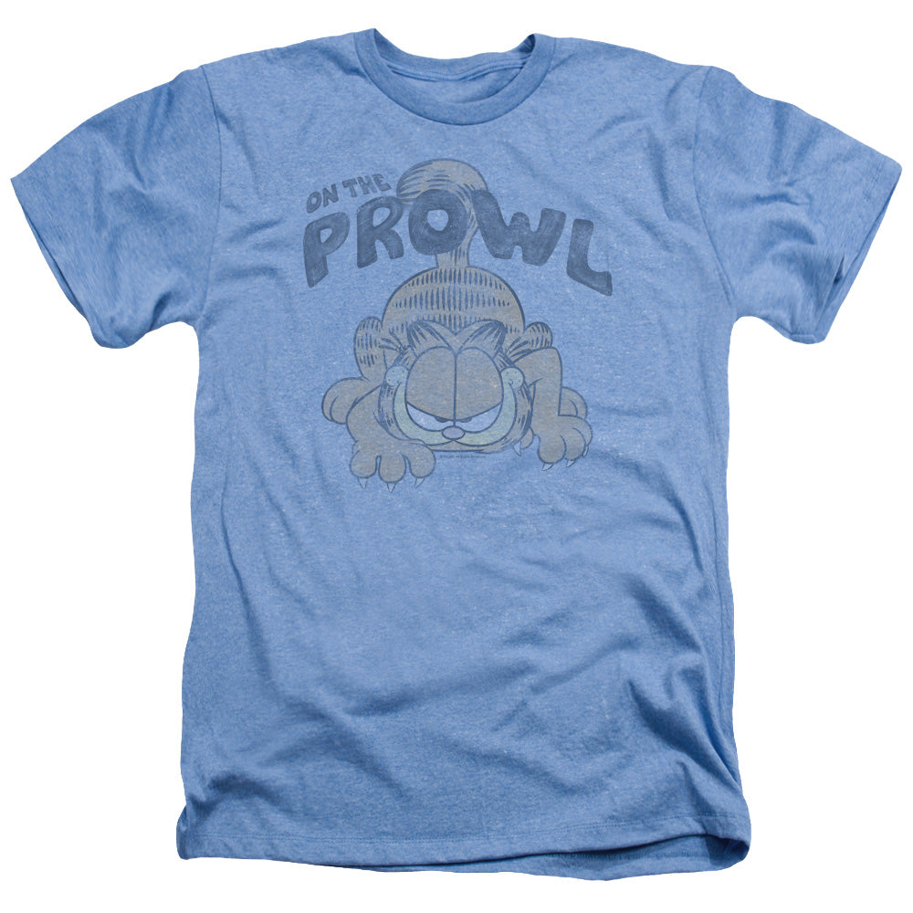 AN OFFCIALLY LICENSED GARFIELD PROWL MEN'S HEATHER T-SHIRT LIGHT BLUE
