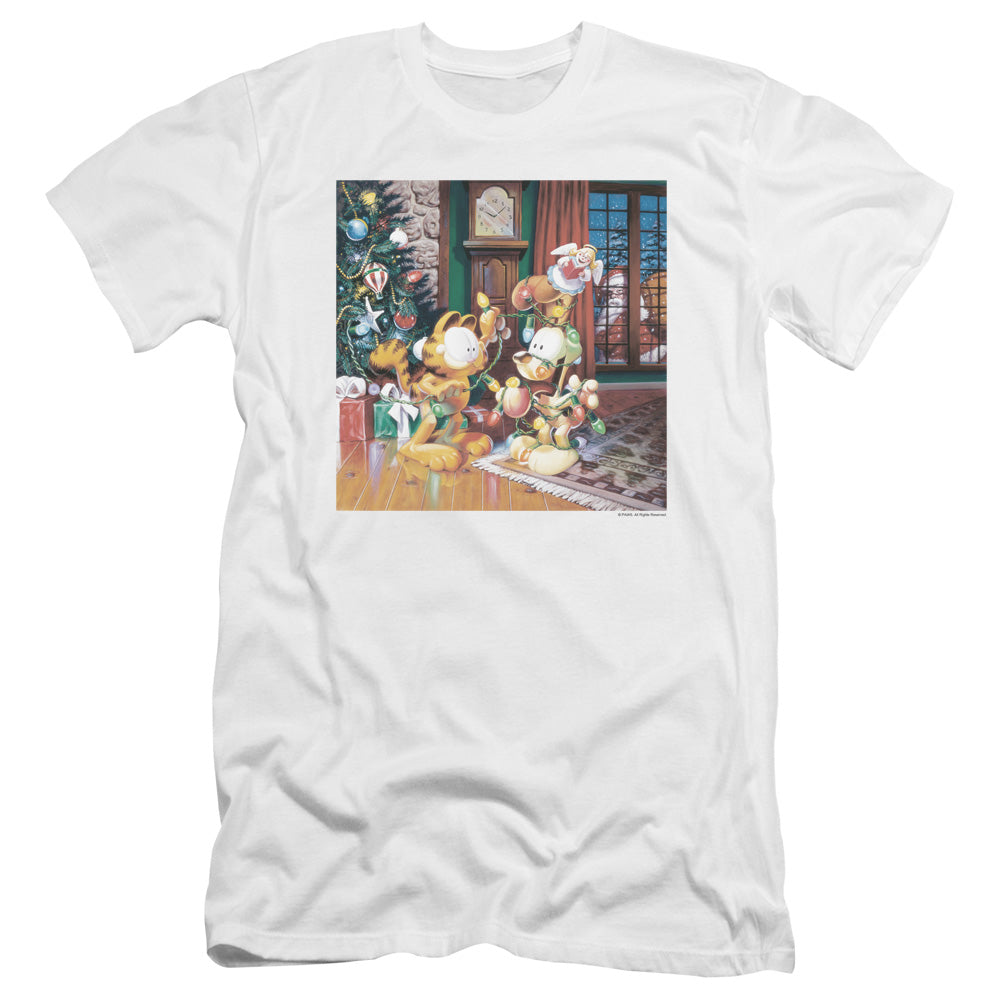AN OFFCIALLY LICENSED GARFIELD ODIE TREE MEN'S PREMIUM SLIM FIT T-SHIRT WHITE