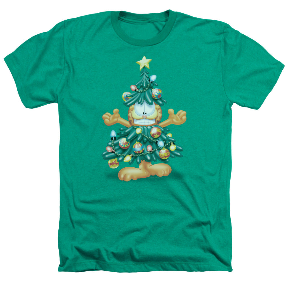 AN OFFCIALLY LICENSED GARFIELD TREE MEN'S HEATHER T-SHIRT KELLY GREEN