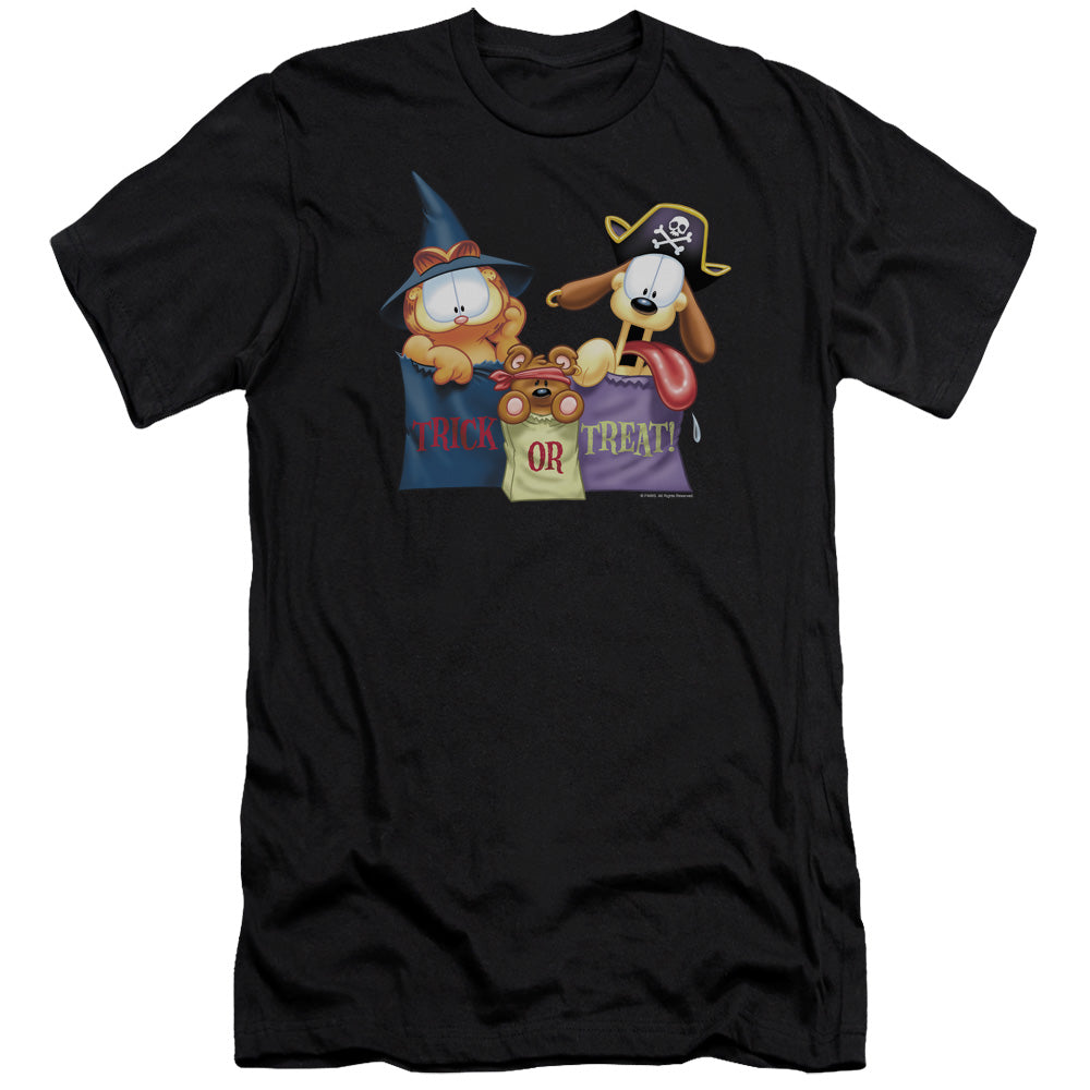 AN OFFCIALLY LICENSED GARFIELD GRAB BAGS MEN'S PREMIUM SLIM FIT T-SHIRT BLACK