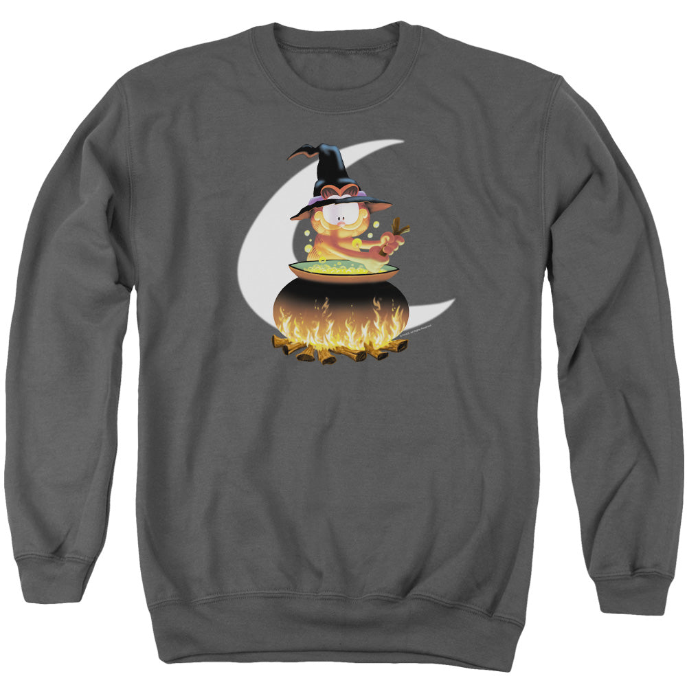 AN OFFCIALLY LICENSED GARFIELD STIR THE POT ADULT UNISEX CREWNECK SWEATSHIRT CHARCOAL
