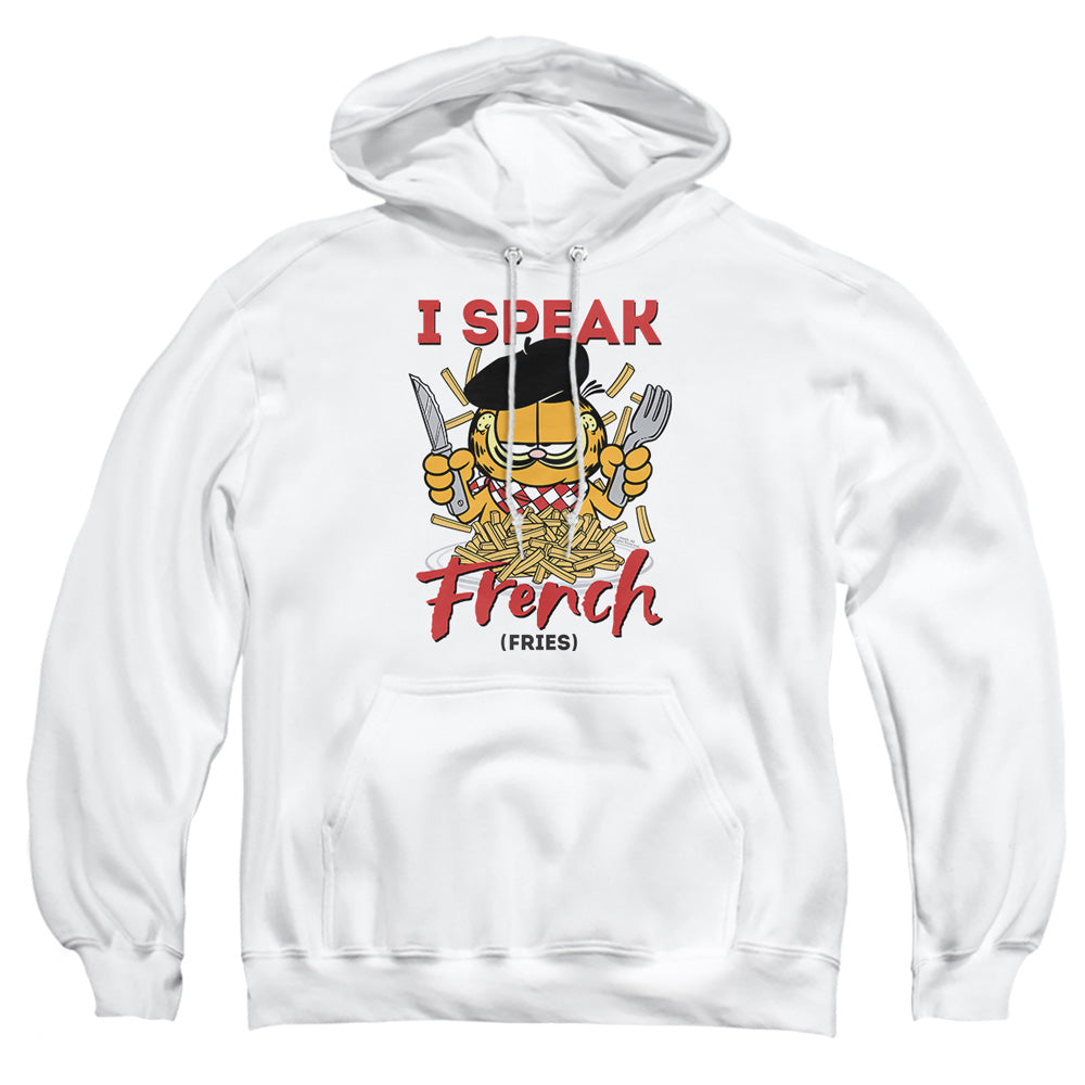 AN OFFCIALLY LICENSED GARFIELD SPEAKING LOVE ADULT UNISEX PULLOVER HOODIE WHITE
