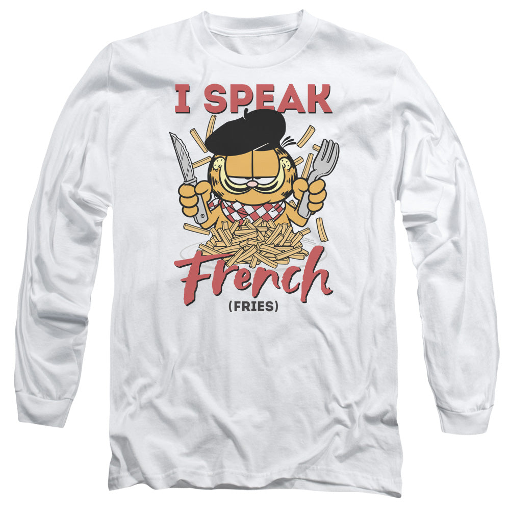 AN OFFCIALLY LICENSED GARFIELD SPEAKING LOVE MEN'S LONG SLEEVE T-SHIRT WHITE