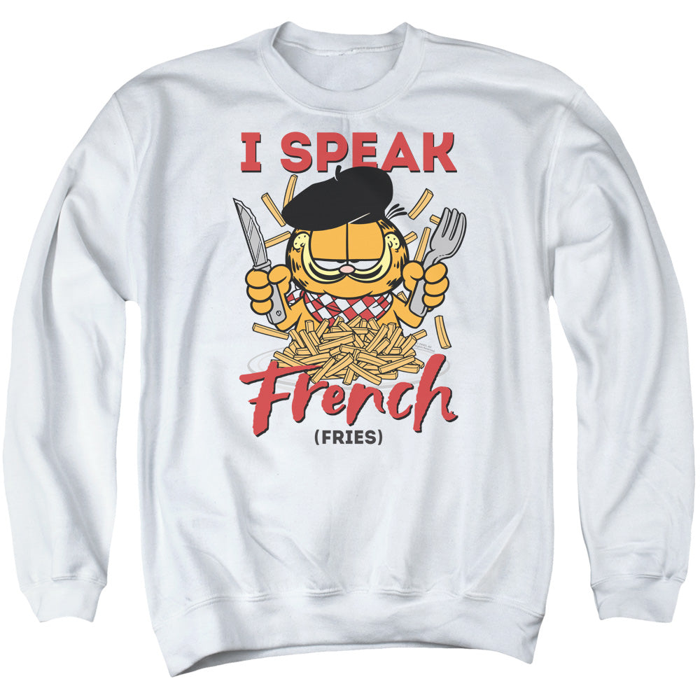 AN OFFCIALLY LICENSED GARFIELD SPEAKING LOVE ADULT UNISEX CREWNECK SWEATSHIRT WHITE