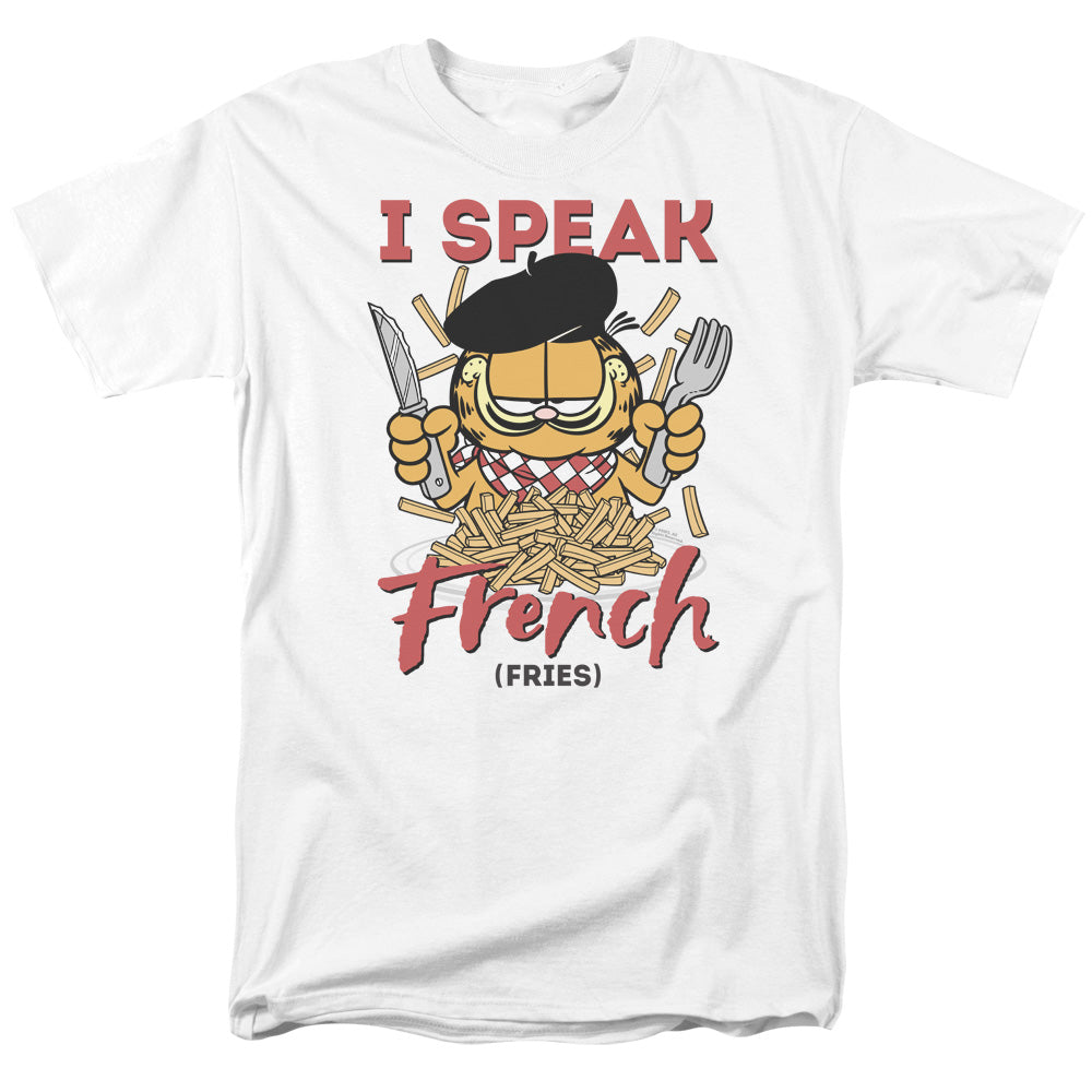 AN OFFCIALLY LICENSED GARFIELD SPEAKING LOVE MEN'S REGULAR FIT T-SHIRT WHITE