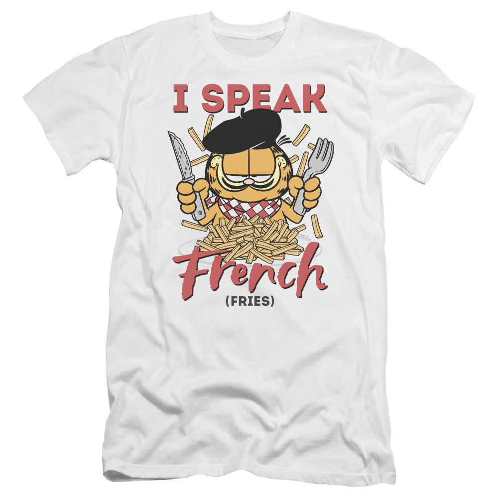 AN OFFCIALLY LICENSED GARFIELD SPEAKING LOVE MEN'S PREMIUM SLIM FIT T-SHIRT WHITE