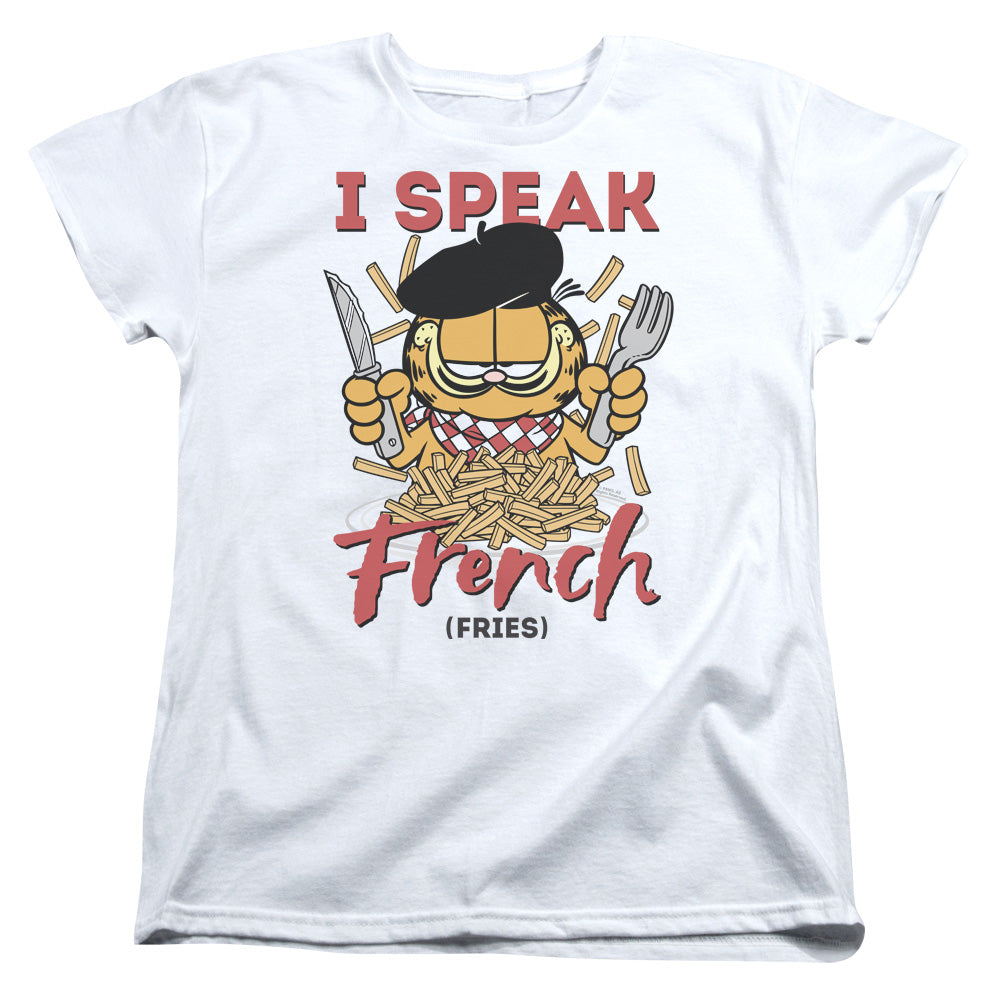 AN OFFCIALLY LICENSED GARFIELD SPEAKING LOVE WOMEN'S REGULAR FIT T-SHIRT WHITE