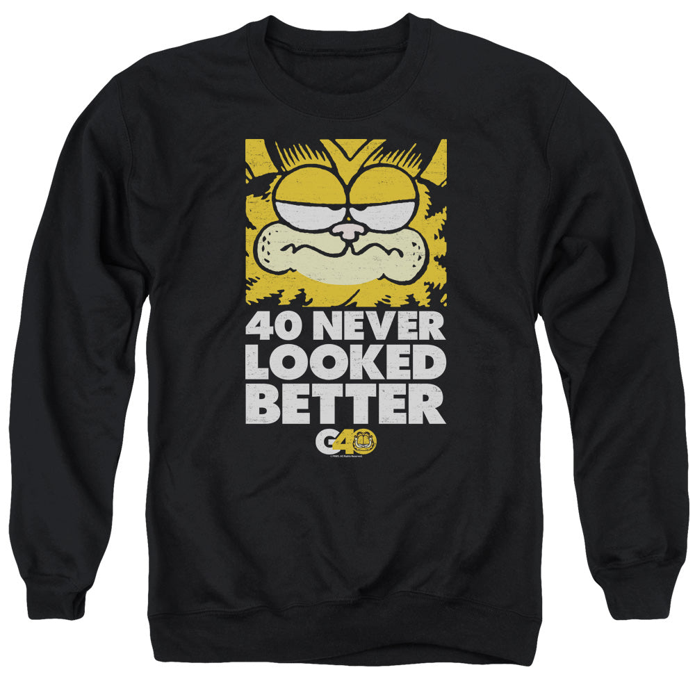 AN OFFCIALLY LICENSED GARFIELD 40 LOOKS ADULT UNISEX CREWNECK SWEATSHIRT BLACK