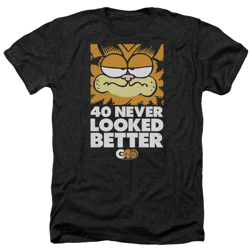 AN OFFCIALLY LICENSED GARFIELD 40 LOOKS MEN'S HEATHER T-SHIRT CHARCOAL