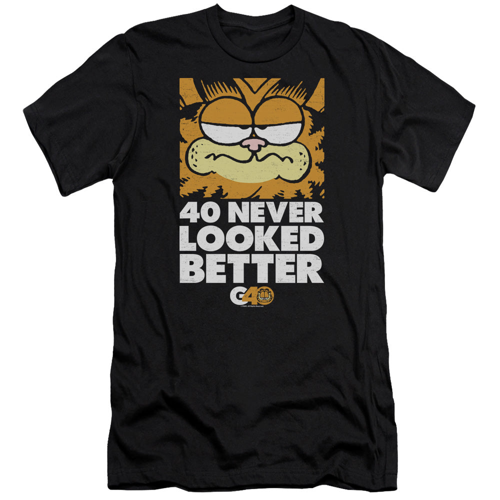 AN OFFCIALLY LICENSED GARFIELD 40 LOOKS MEN'S PREMIUM SLIM FIT T-SHIRT BLACK