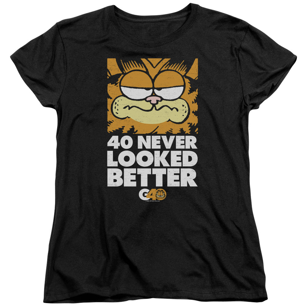 AN OFFCIALLY LICENSED GARFIELD 40 LOOKS WOMEN'S REGULAR FIT T-SHIRT BLACK